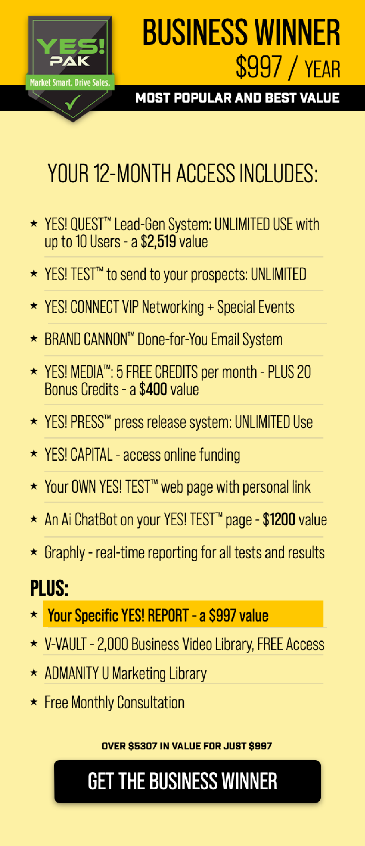 YES PAK - BUSINESS WINNER OUR 12-MONTH ACCESS INCLUDES: ★ YES! QUEST™ Lead-Gen System: UNLIMITED USE with up to 10 Users - a $2,519 value ★ YES! TEST™ to send to your prospects: UNLIMITED ★ YES! CONNECT VIP Networking + Special Events ★ BRAND CANNON™ Done-for-You Email System ★ YES! MEDIA™: 5 FREE CREDITS per month - PLUS 20 Bonus Credits - a $400 value ★ YES! PRESS™ press release system: UNLIMITED Use YES! CAPITAL - access online funding Your OWN YES! TEST™ web page with personal link ★ An Ai ChatBot on your YES! TEST™ page - $1200 value ★ Graphly - real-time reporting for all tests and results PLUS: Your Speciﬁc YES! REPORT - a $997 value ★ V-VAULT - 2,000 Business Video Library, FREE Access ★ ADMANITY U Marketing Library Free Monthly Consultation